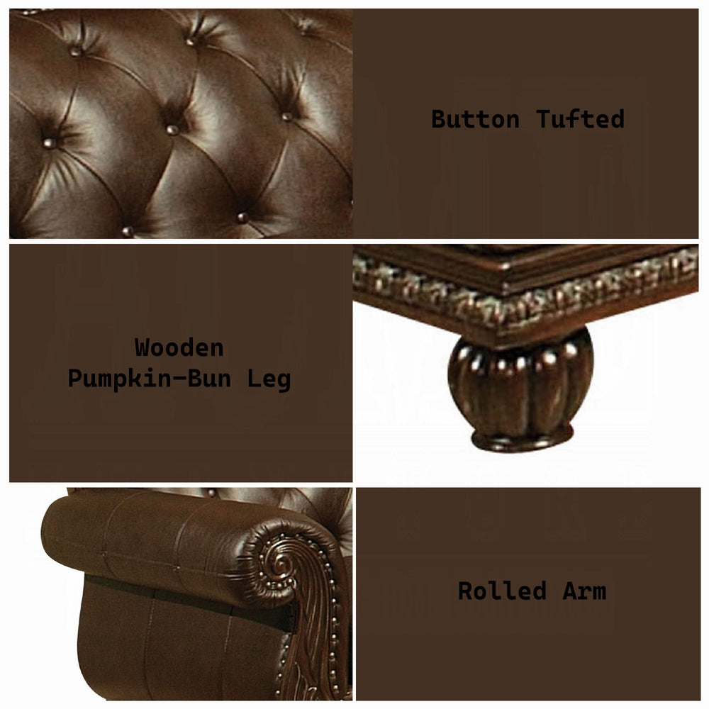 2-Piece Living Room Set Include Sofa and Loveseat, Espresso Top Grain Leather Match & Cherry Finish