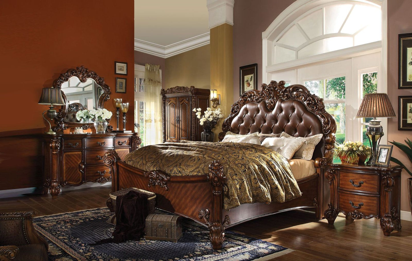 Vendome Bed in Leatherette & Cherry