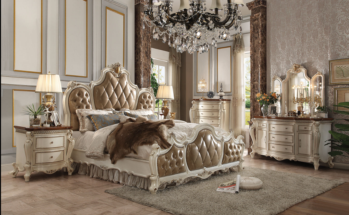 Picardy Bed in Butterscotch Leatherette & Antique Pearl