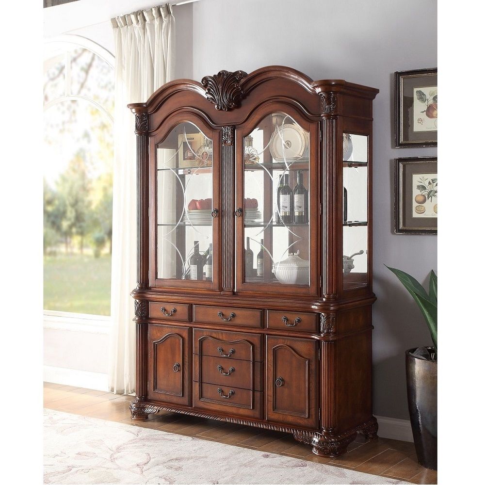 ACME 88" Kitchen Hutch with Buffet, 2 Glass Shelves, Cherry, 62" L X 21" W X 88" H