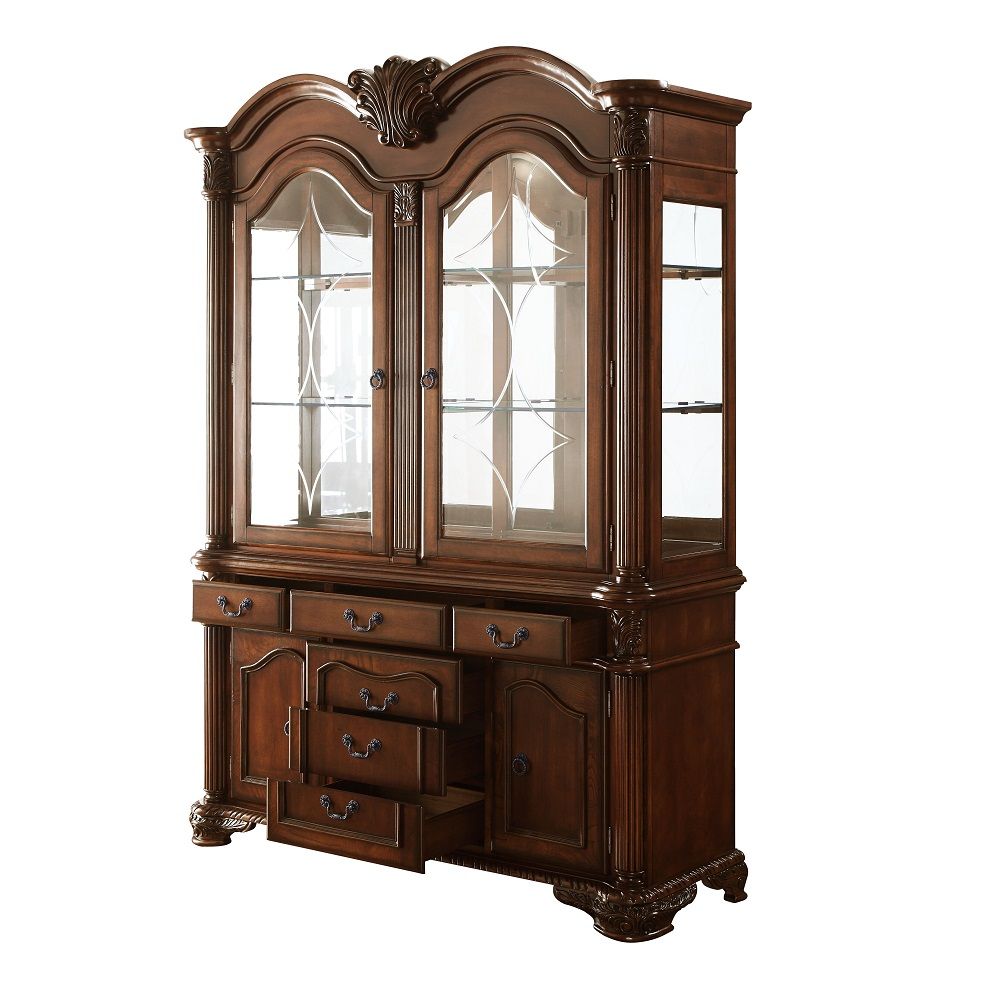 Chateau De Ville 88" Kitchen Hutch with Buffet, 2 Glass Shelves, Cherry, 62" L X 21" W X 88" H