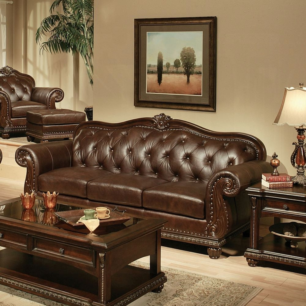 Collection 4-Piece Living Room Set Include Sofa, Loveseat, Chair and Coffee Table,  Espresso Top Grain Leather Match & Cherry Finish