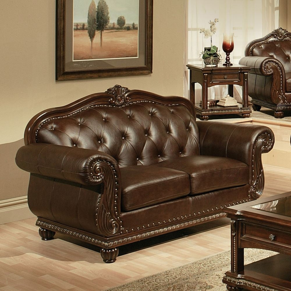 Collection 4-Piece Living Room Set Include Sofa, Loveseat, Chair and Coffee Table,  Espresso Top Grain Leather Match & Cherry Finish