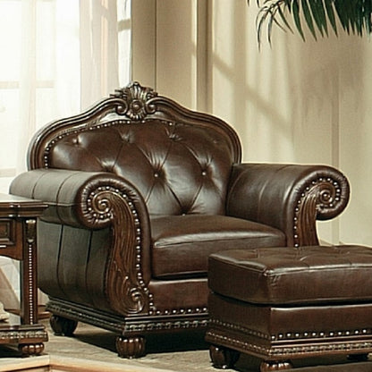 Collection 4-Piece Living Room Set Include Sofa, Loveseat, Chair and Coffee Table,  Espresso Top Grain Leather Match & Cherry Finish