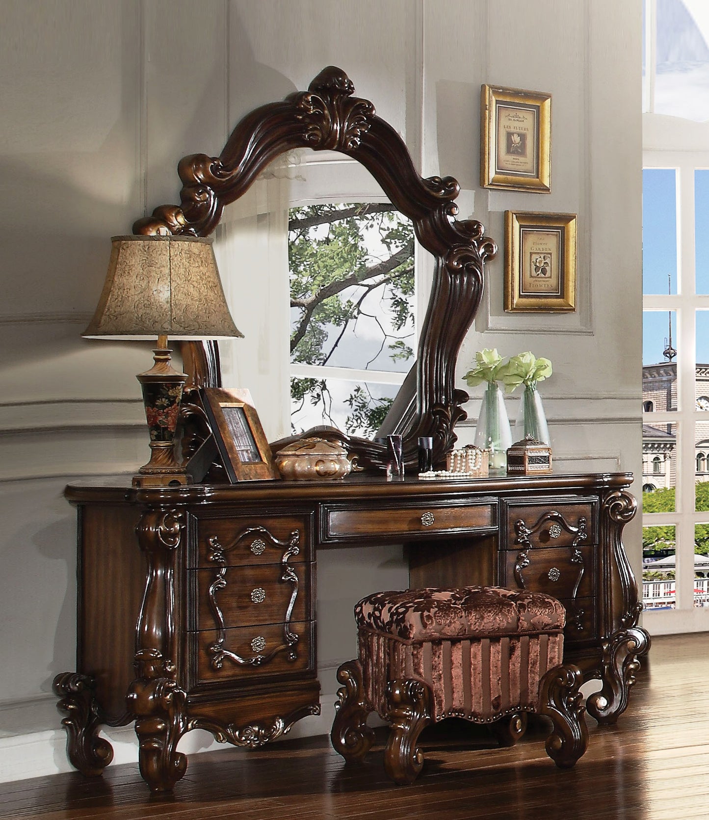 Versailles Collection 7-Piece Luxury Solid Wood Bedroom Set Includes Bed, Vanity Desk, Vanity Stool, Chest, 2 x Nightstand and Mirror, Boxspring Required