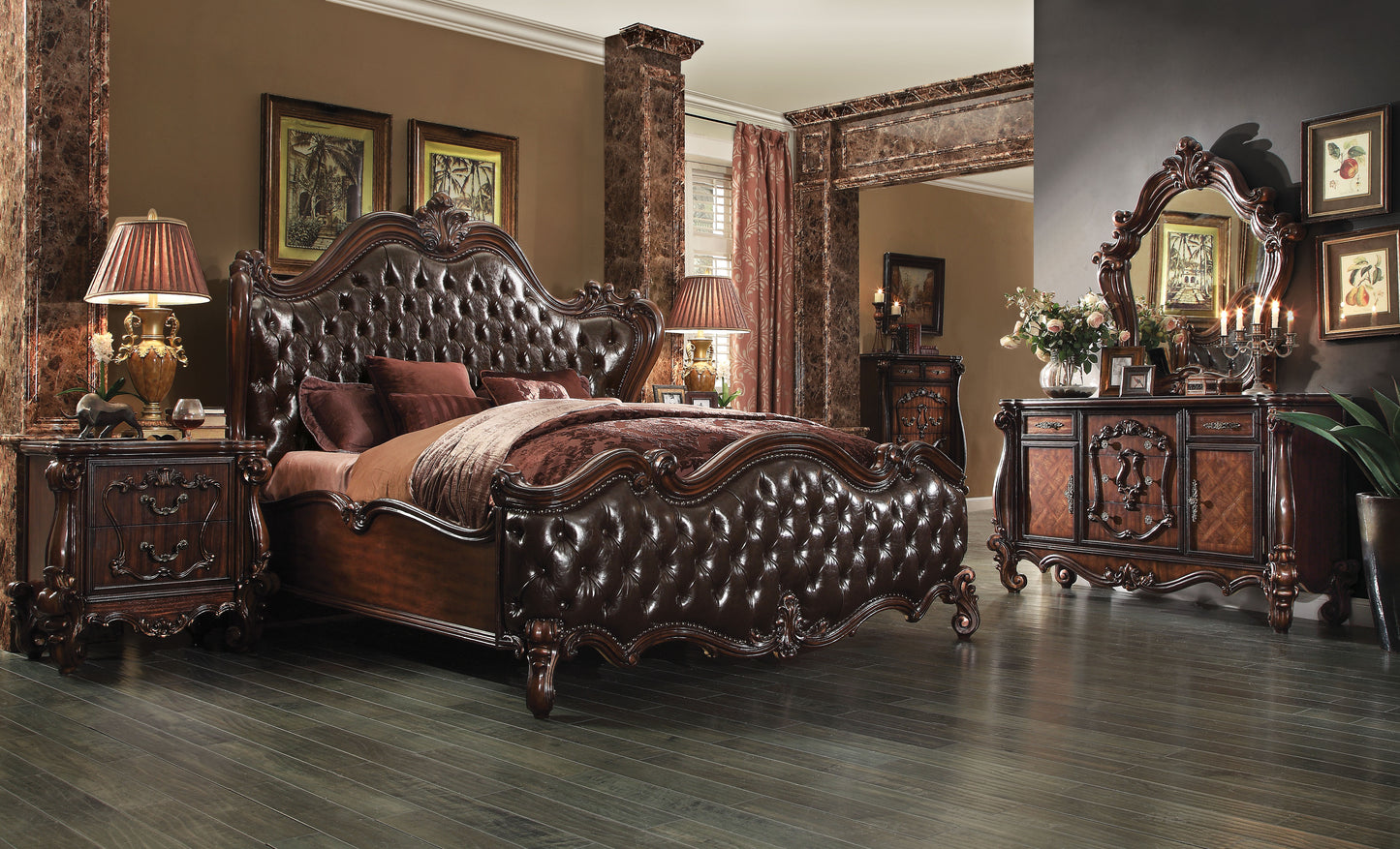 Versailles Collection 6-Piece Luxury Solid Wood Bedroom Set Includes Bed, Dresser, Chest, 2 x Nightstand and Mirror, Boxspring Required