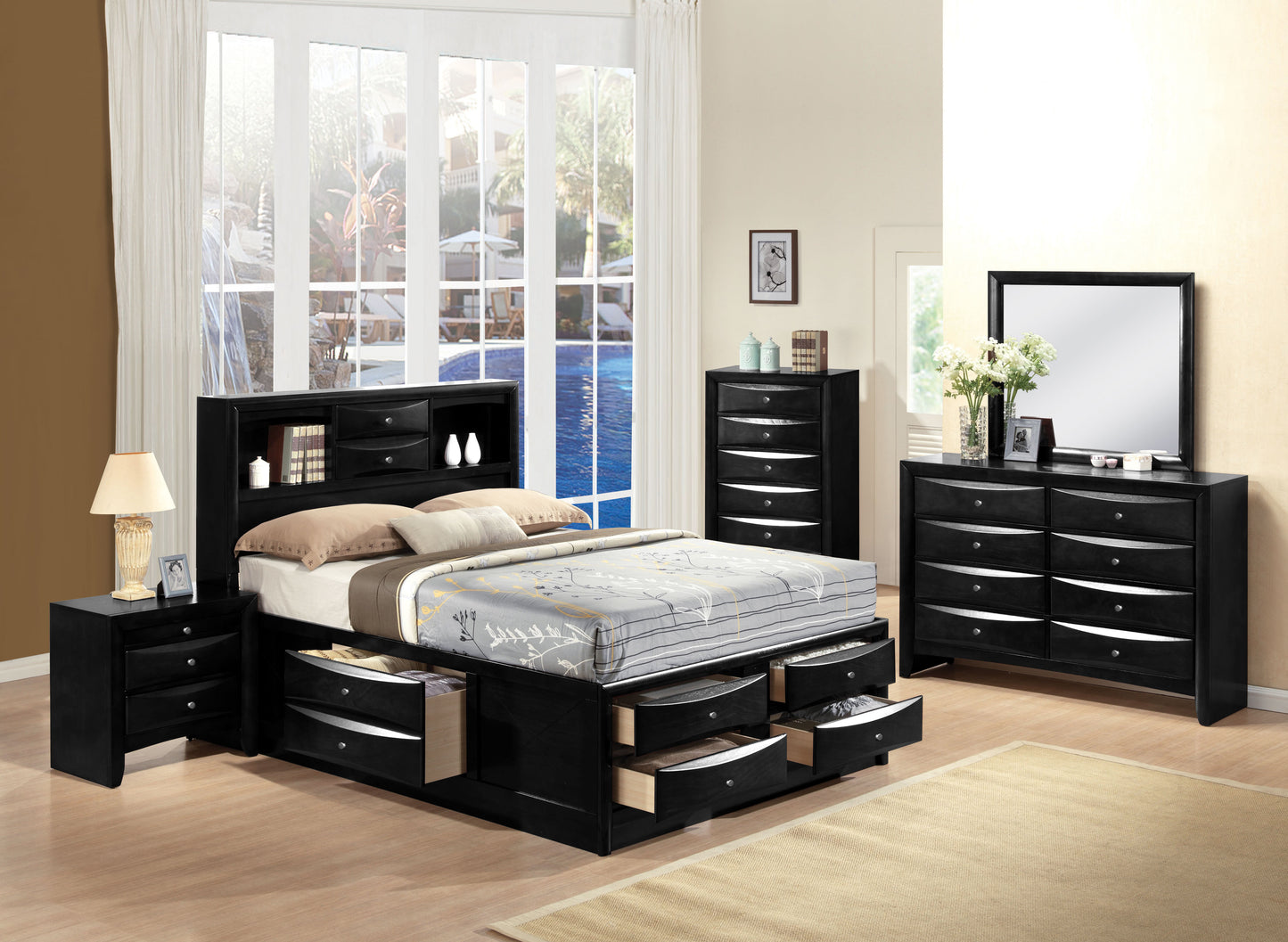 Ireland Collection 5-Piece Bedroom Set, Bed Frame, Chest, Dresser, Nightstand and Mirror