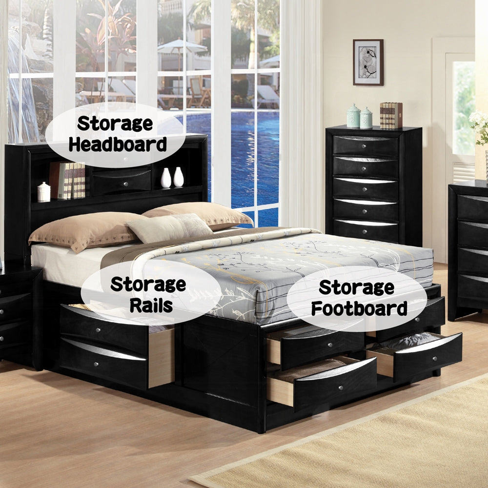 Ireland Solid Wood 5-Piece Bedroom Set Bed Frame, Dresser, Chest, Nightstand and Mirror, Box Spring Not Required, Black