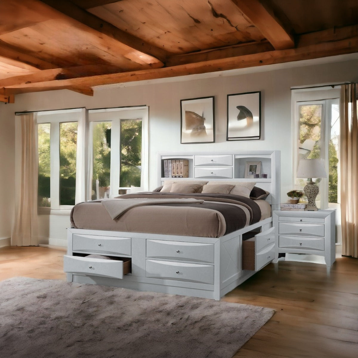 Ireland Solid Wood 5-Piece Bedroom Set Bed Frame, Dresser, Chest, Nightstand and Mirror, Box Spring Not Required