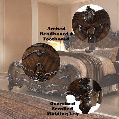 Versailles Collection 7-Piece Luxury Solid Wood Bedroom Set Includes Bed, Vanity Desk, Vanity Stool, Chest, 2 x Nightstand and Mirror, Boxspring Required