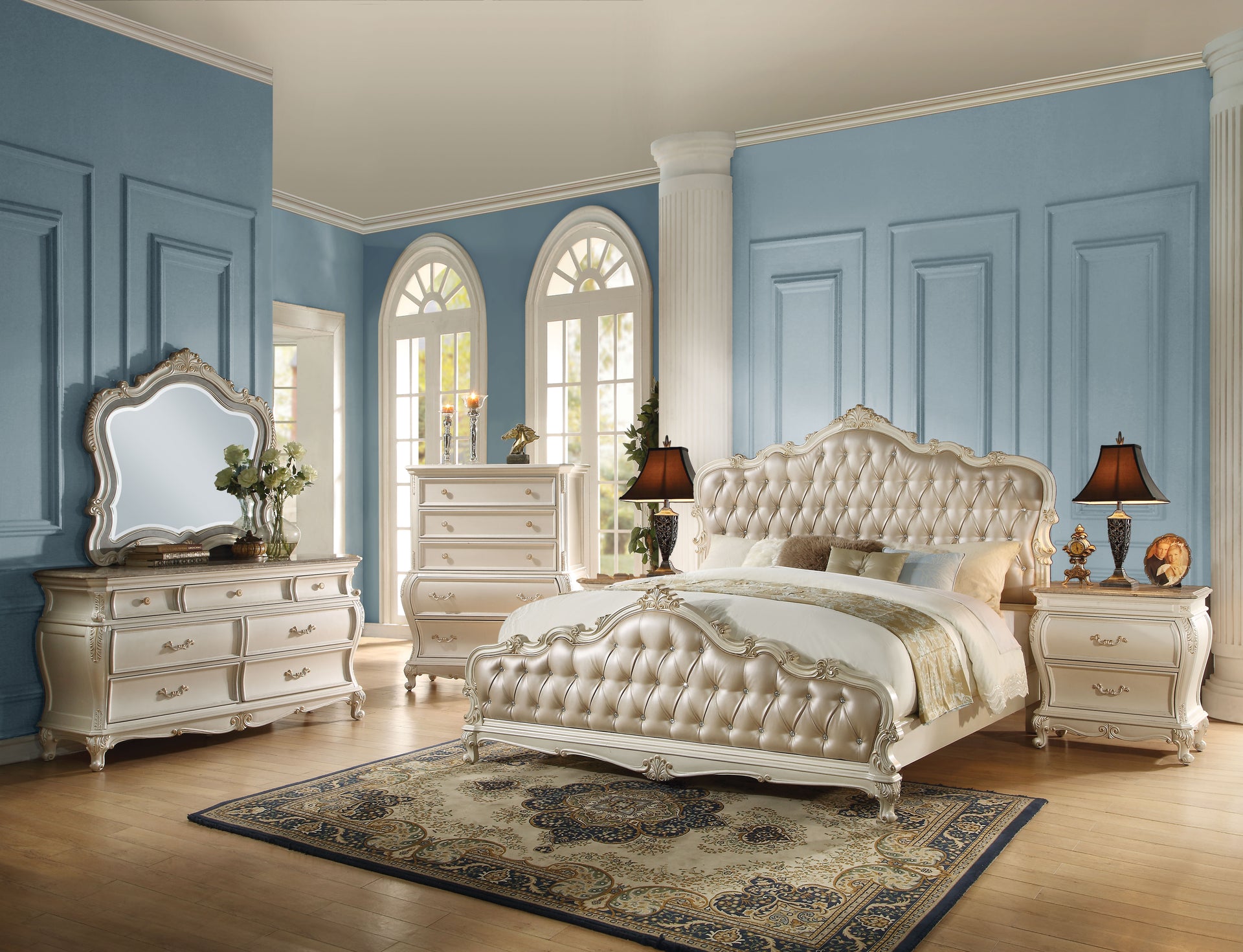 Chantelle 6 Piece Luxury Bedroom Set Includes Bed, Dresser, Chest, 2 x Nightstand and Mirror, Boxspring Required
