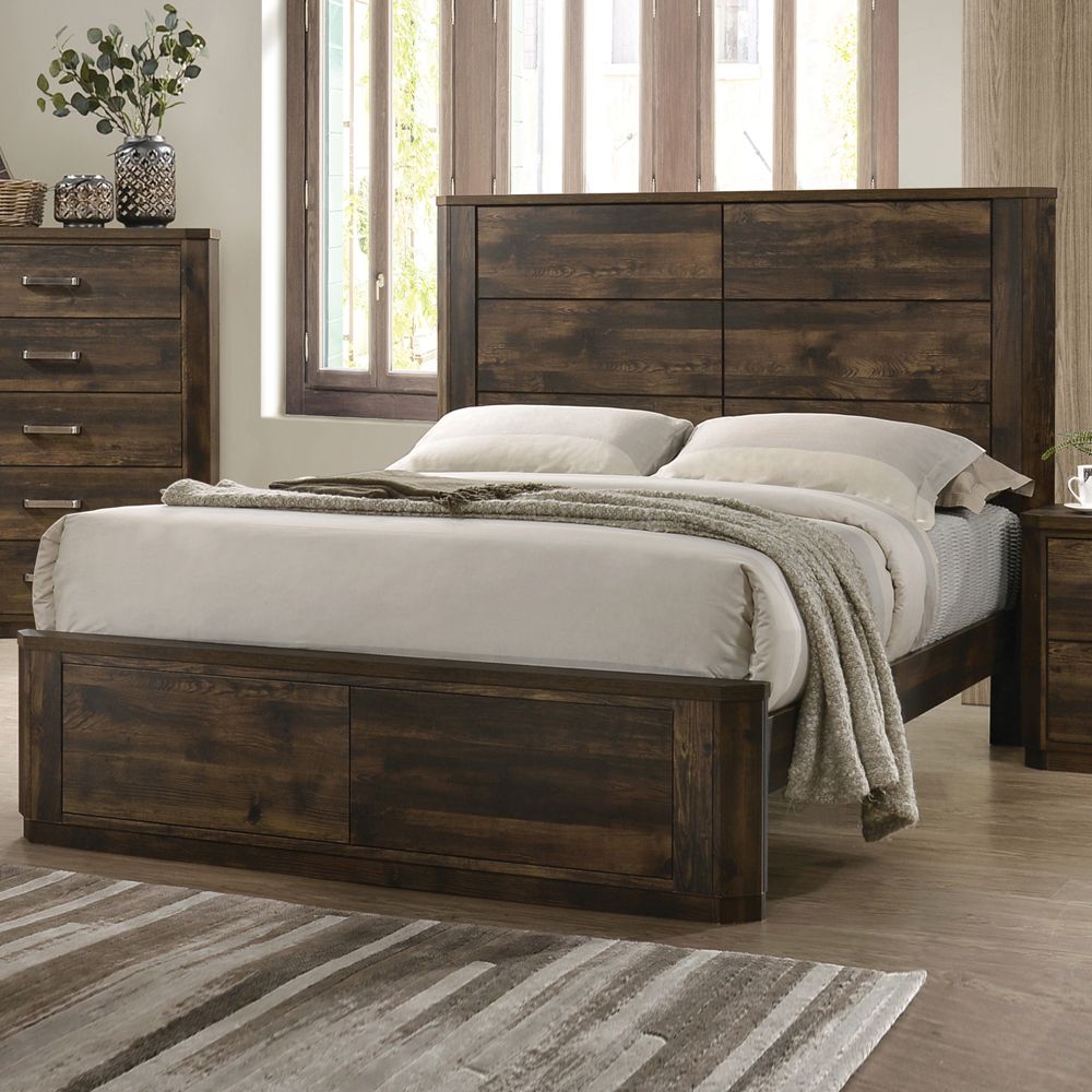 Elettra Transitional 5-Piece Bedroom Set Includes Panel Bed, Dresser, Chest, Nightstands and Mirror, Boxspring Required, Rustic Walnut