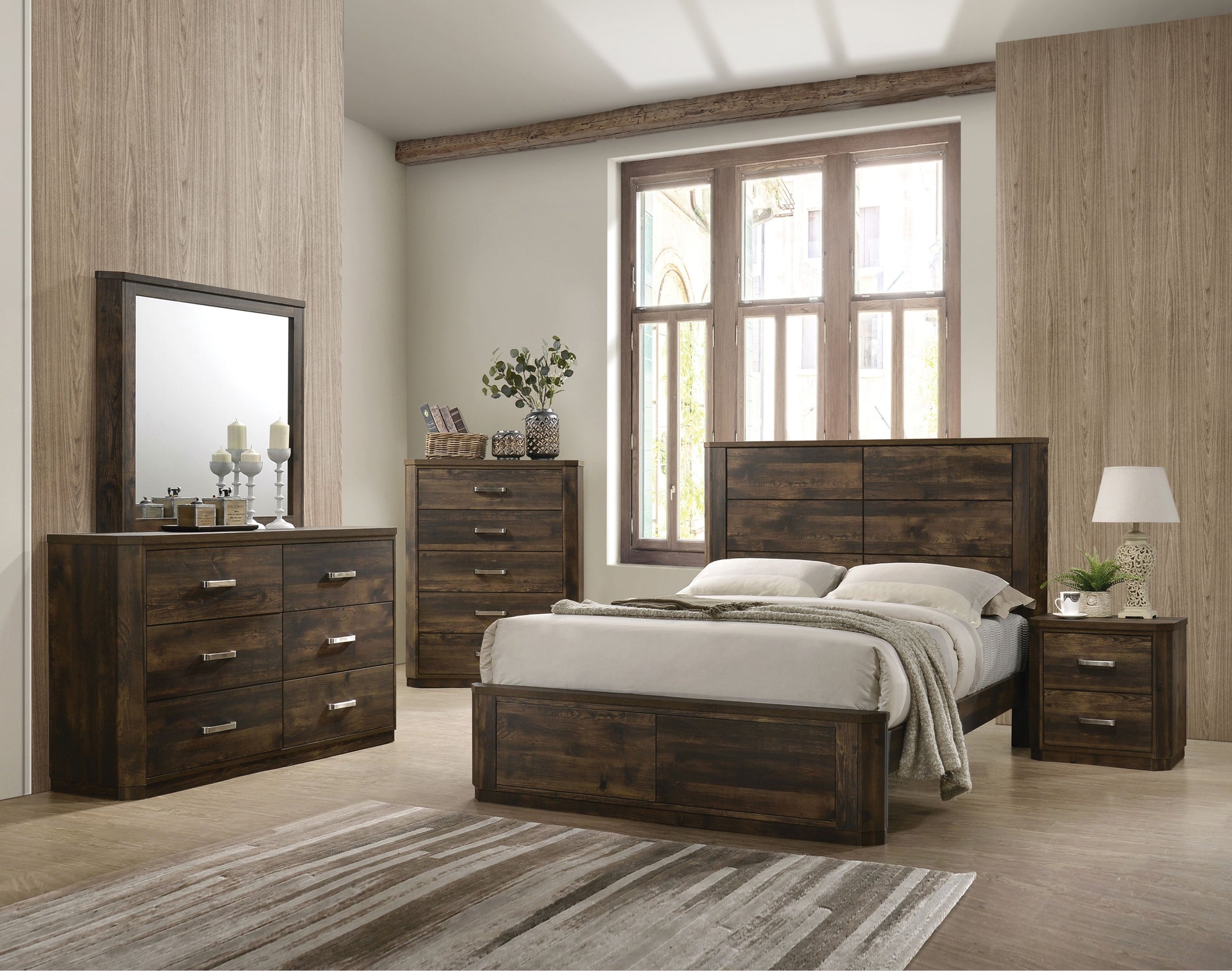 Elettra Transitional 5-Piece Bedroom Set Includes Panel Bed, Dresser, Chest, Nightstands and Mirror, Boxspring Required, Rustic Walnut