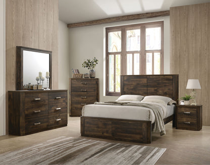 Elettra Transitional 5-Piece Bedroom Set Includes Panel Bed, Dresser, Chest, Nightstands and Mirror, Boxspring Required, Rustic Walnut