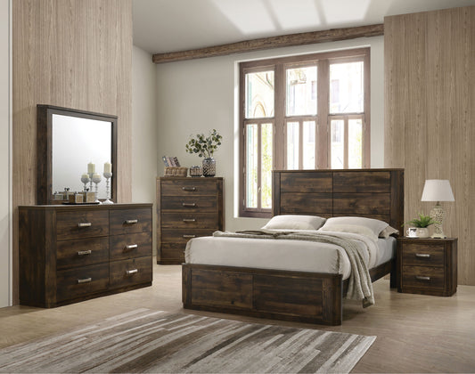 ACME Elettra Transitional 5-Piece Bedroom Set Includes Panel Bed, Dresser, Chest, Nightstands and Mirror, Boxspring Required, Rustic Walnut