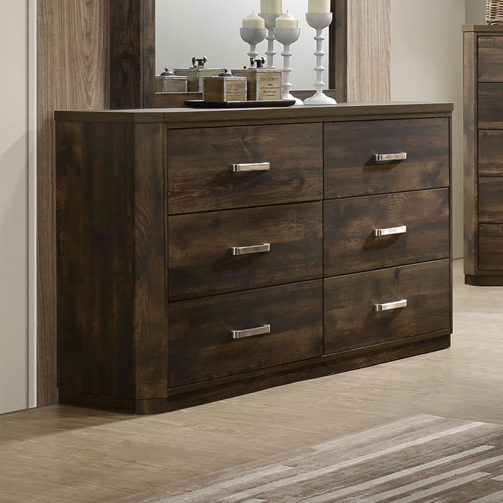 Elettra Transitional 5-Piece Bedroom Set Includes Panel Bed, Dresser, Chest, Nightstands and Mirror, Boxspring Required, Rustic Walnut