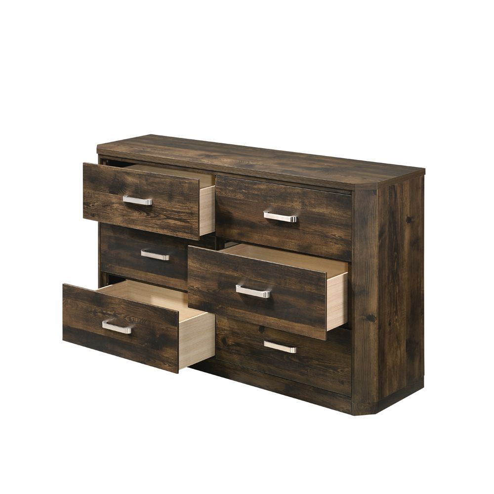 Elettra Transitional 5-Piece Bedroom Set Includes Panel Bed, Dresser, Chest, Nightstands and Mirror, Boxspring Required, Rustic Walnut