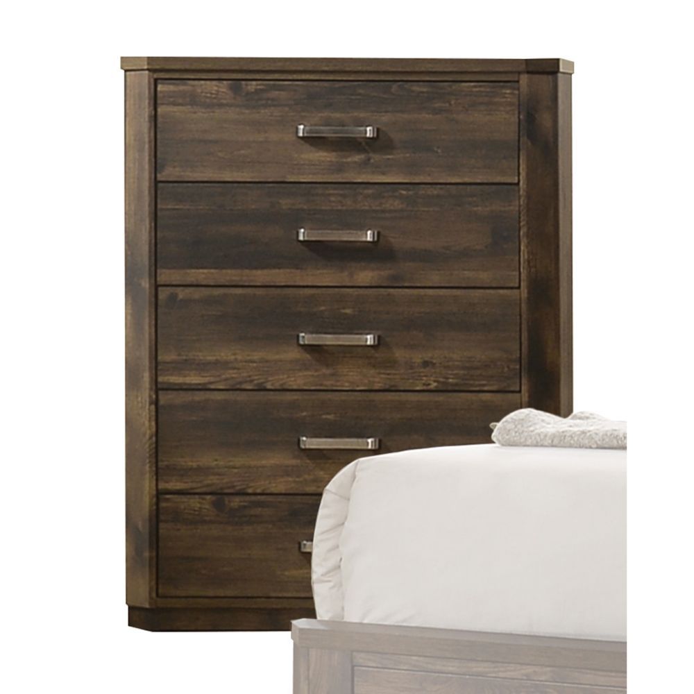 Elettra Transitional 5-Piece Bedroom Set Includes Panel Bed, Dresser, Chest, Nightstands and Mirror, Boxspring Required, Rustic Walnut