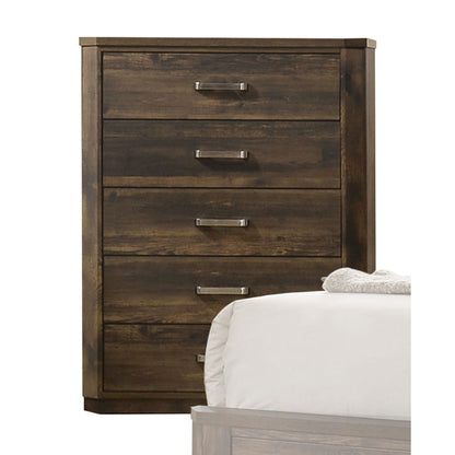 Elettra Transitional 5-Piece Bedroom Set Includes Panel Bed, Dresser, Chest, Nightstands and Mirror, Boxspring Required, Rustic Walnut