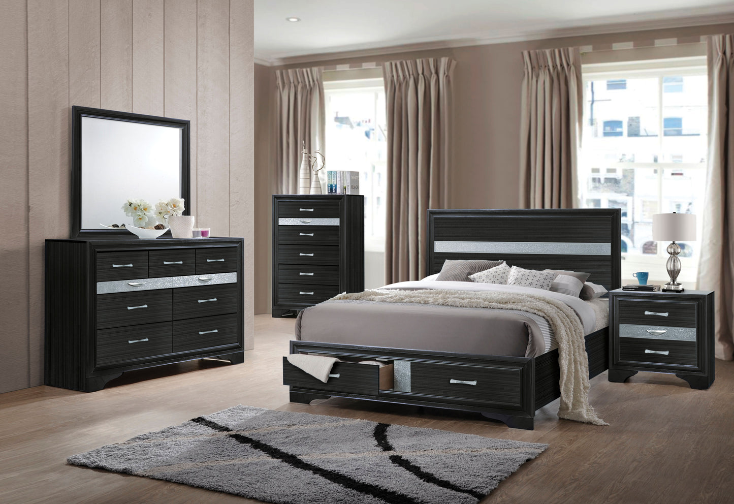 Naima Collection 5-Piece Wooden Bedroom Set Bed Frame, Dresser, Chest, Nightstand and Mirror, Box Spring Not Required