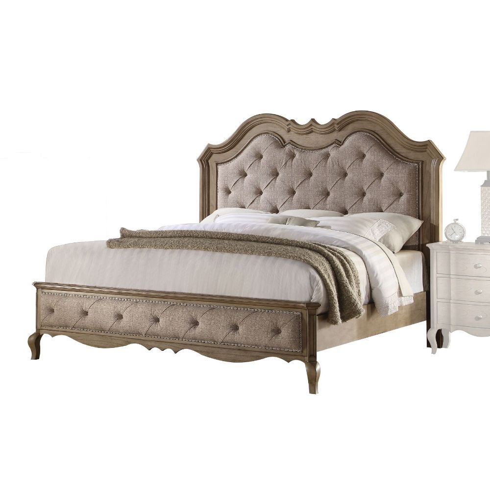 Chelmsford Contemporary Solid Wood Bed Beige Fabric & Antique Taupe Finish