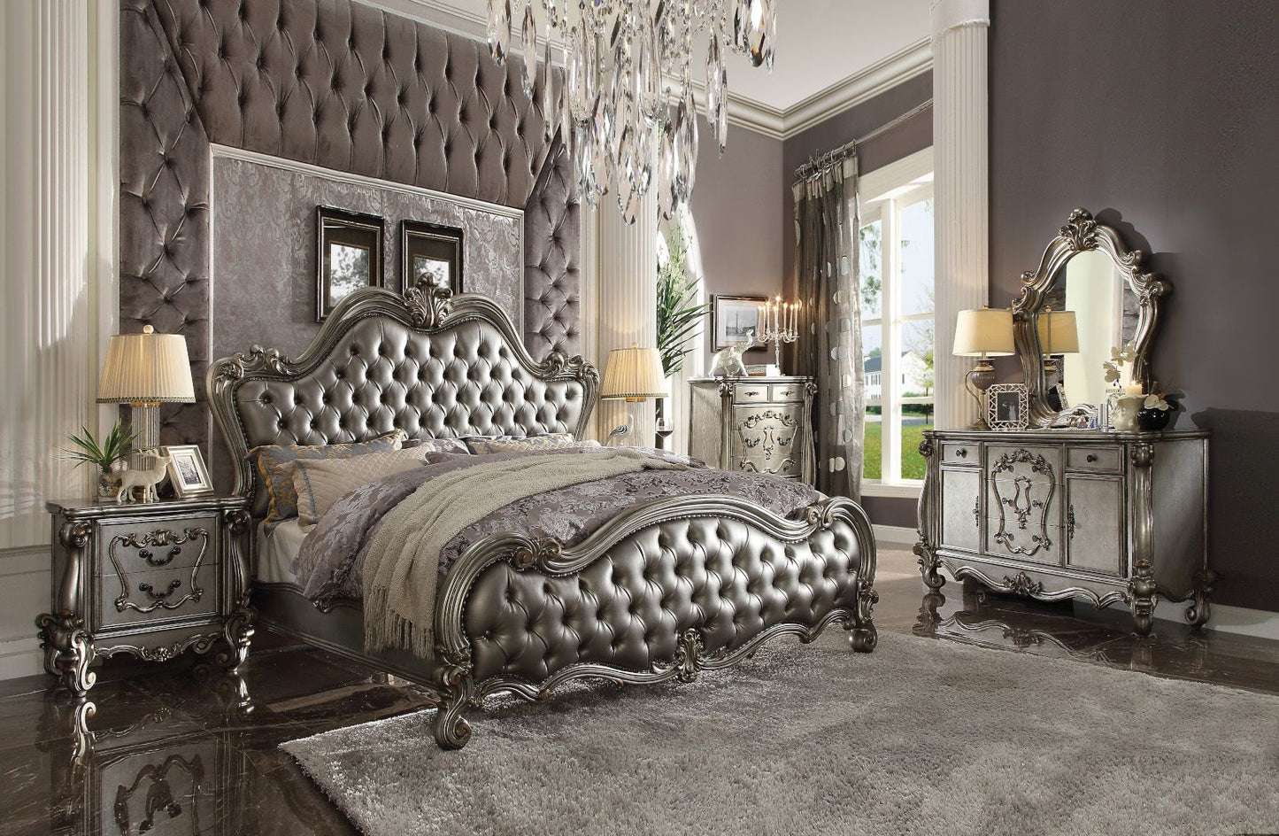 Versailles Collection 6-Piece Luxury Solid Wood Bedroom Set Includes Bed, Dresser, Chest, 2 x Nightstand and Mirror, Boxspring Required