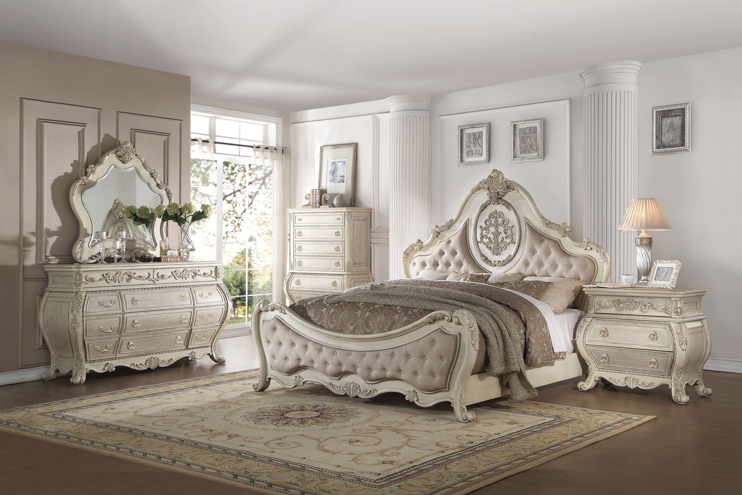 Ragenardus Bed in Beige Linen & Antique White