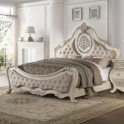 Ragenardus Bed in Beige Linen & Antique White