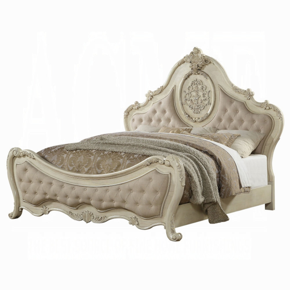 Ragenardus Bed in Beige Linen & Antique White