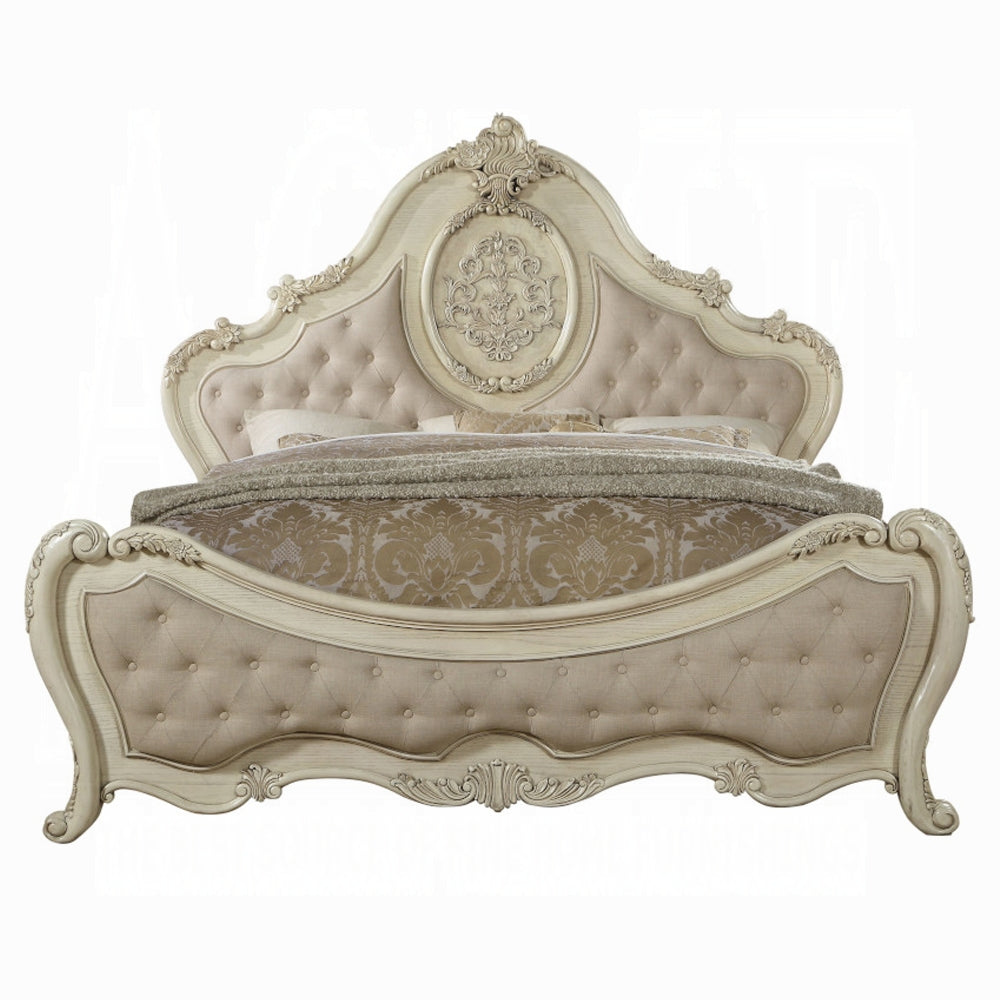 Ragenardus Bed in Beige Linen & Antique White