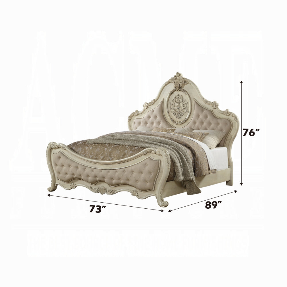 Ragenardus Bed in Beige Linen & Antique White