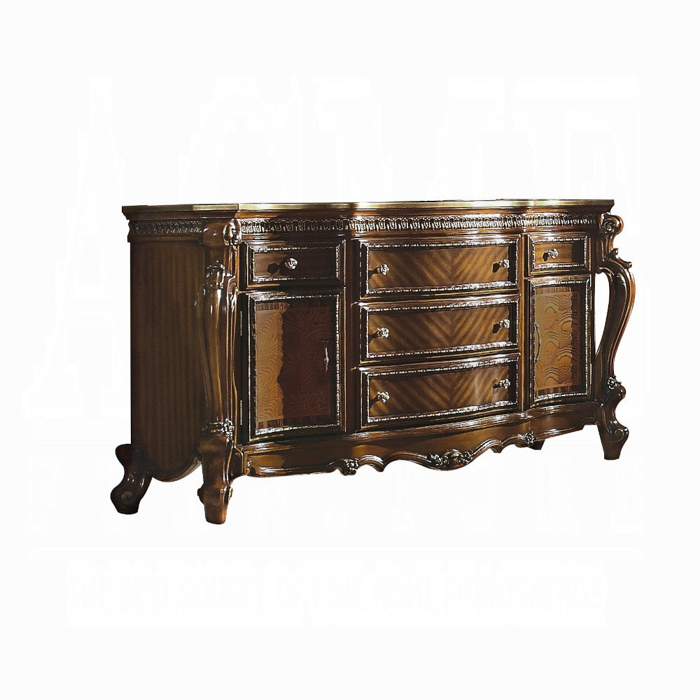 Picardy European Antique-Inspired 6-Piece Bedroom Set in Cherry Oak with Tufted Upholstered Bed and Ornate Traditional Details