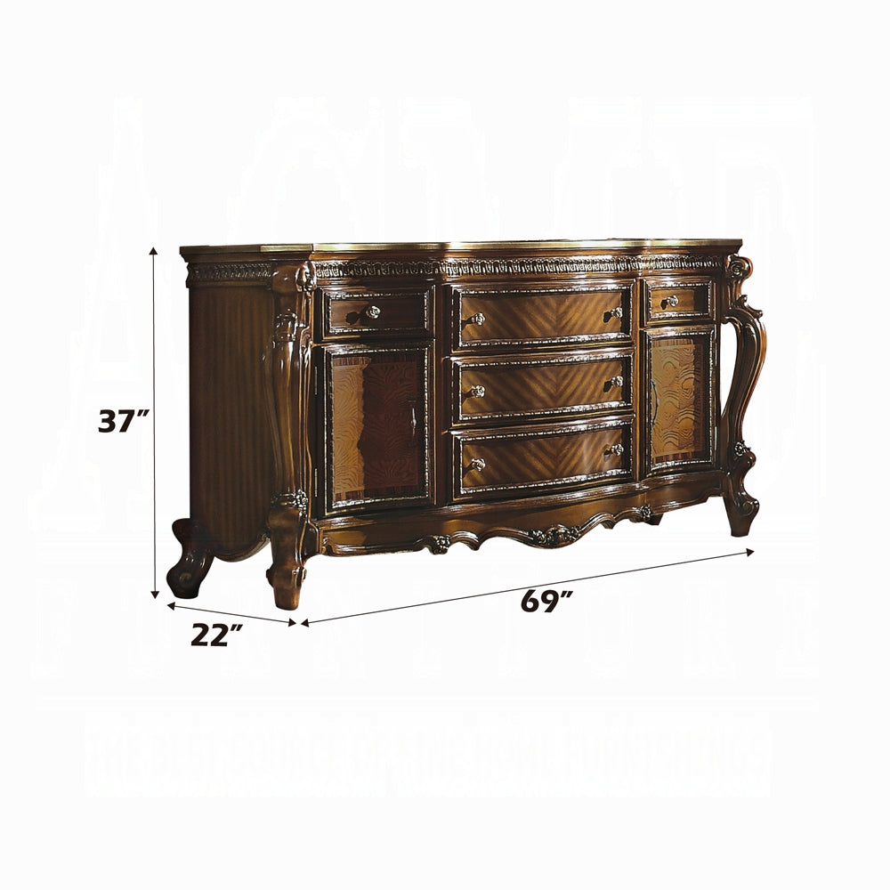 Picardy European Antique-Inspired 6-Piece Bedroom Set in Cherry Oak with Tufted Upholstered Bed and Ornate Traditional Details