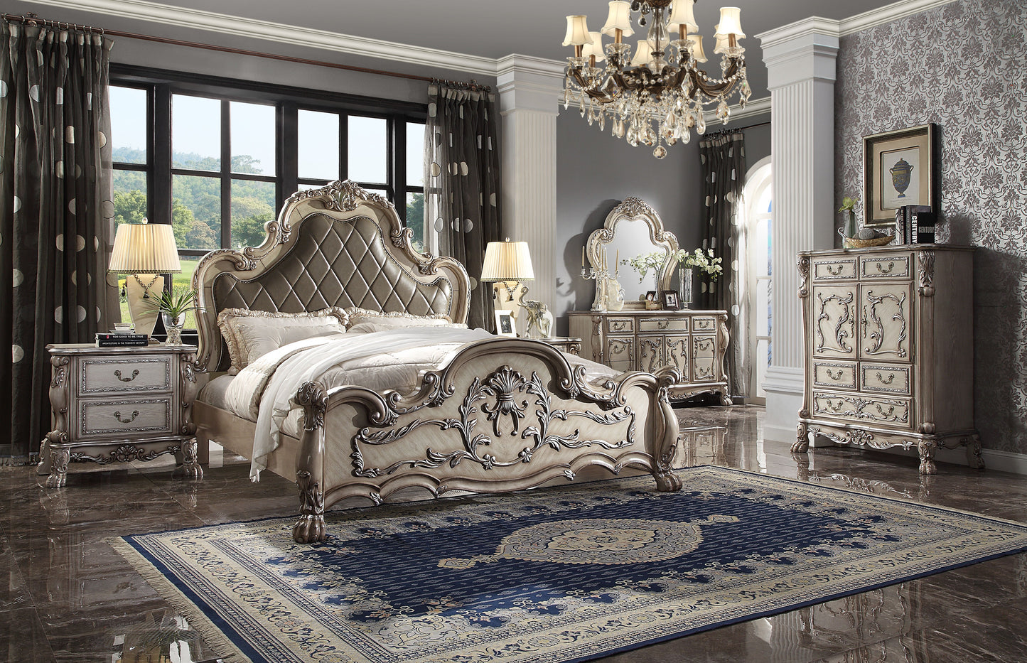 Dresden 6 Piece Luxury Solid Wood Bedroom Set Vintage Bone White, Boxspring Required
