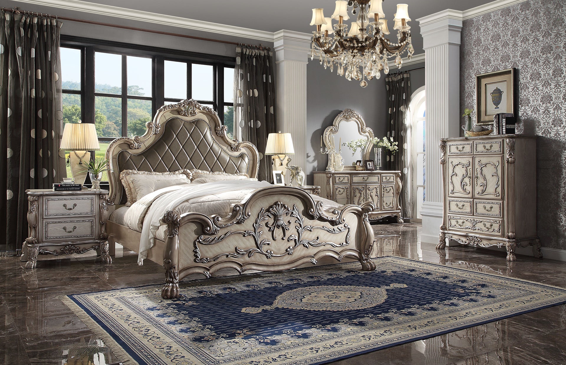Dresden 6 Piece Luxury Solid Wood Bedroom Set Vintage Bone White, Boxspring Required