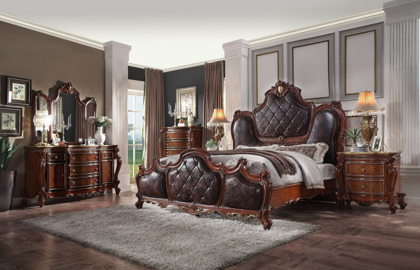 Picardy European Antique-Inspired 6-Piece Bedroom Set in Cherry Oak with Tufted Upholstered Bed and Ornate Traditional Details