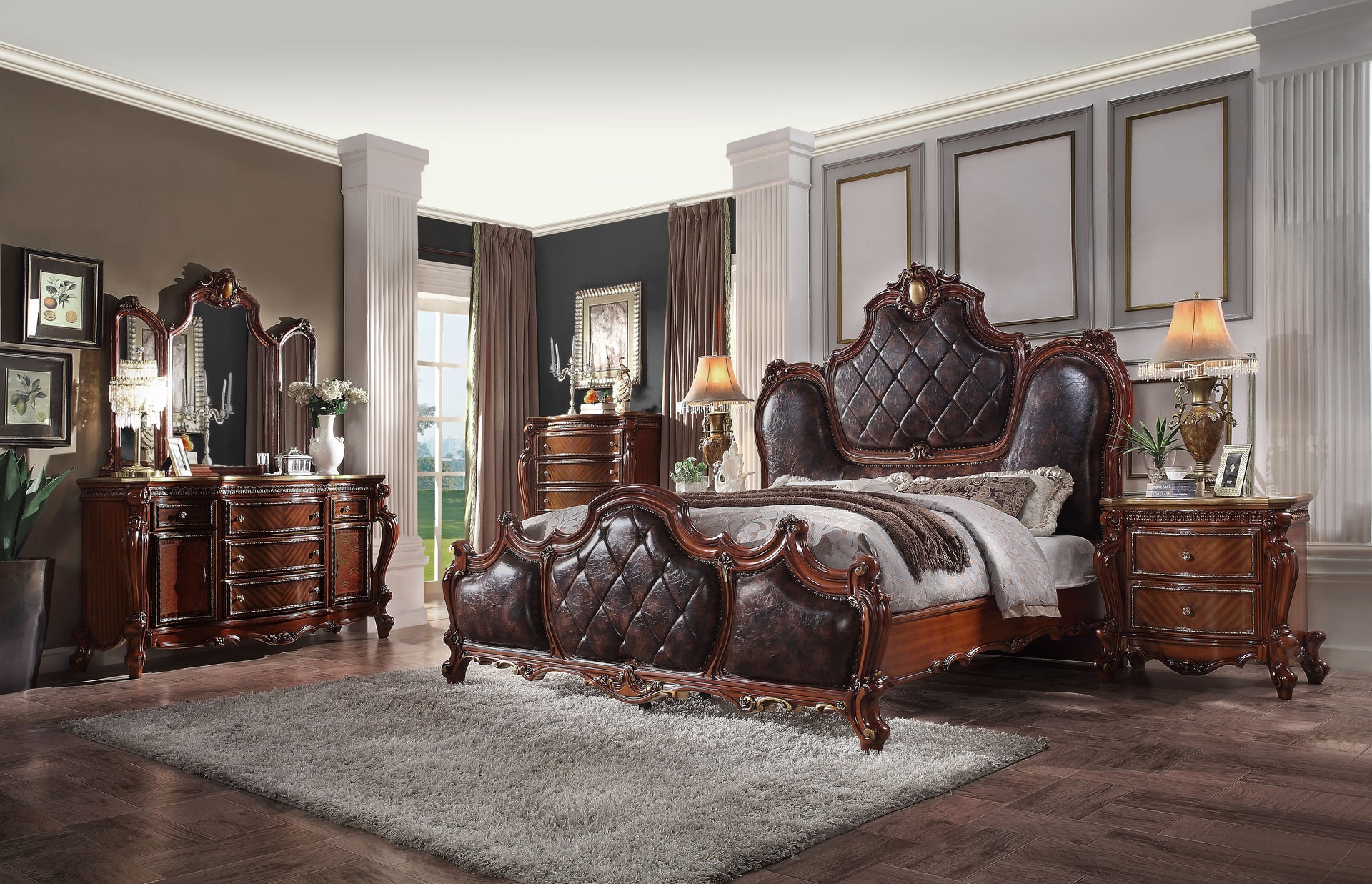 Picardy European Antique-Inspired 6-Piece Bedroom Set in Cherry Oak with Tufted Upholstered Bed and Ornate Traditional Details