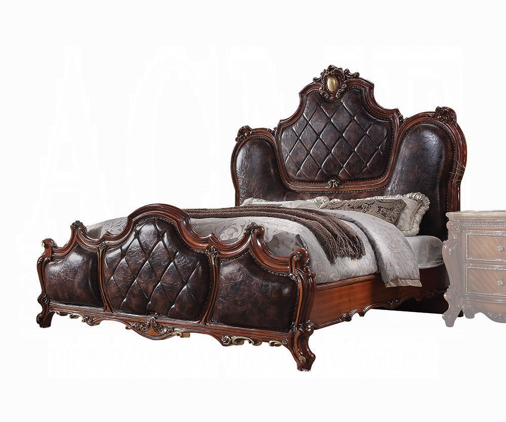 Picardy European Antique-Inspired 6-Piece Bedroom Set in Cherry Oak with Tufted Upholstered Bed and Ornate Traditional Details