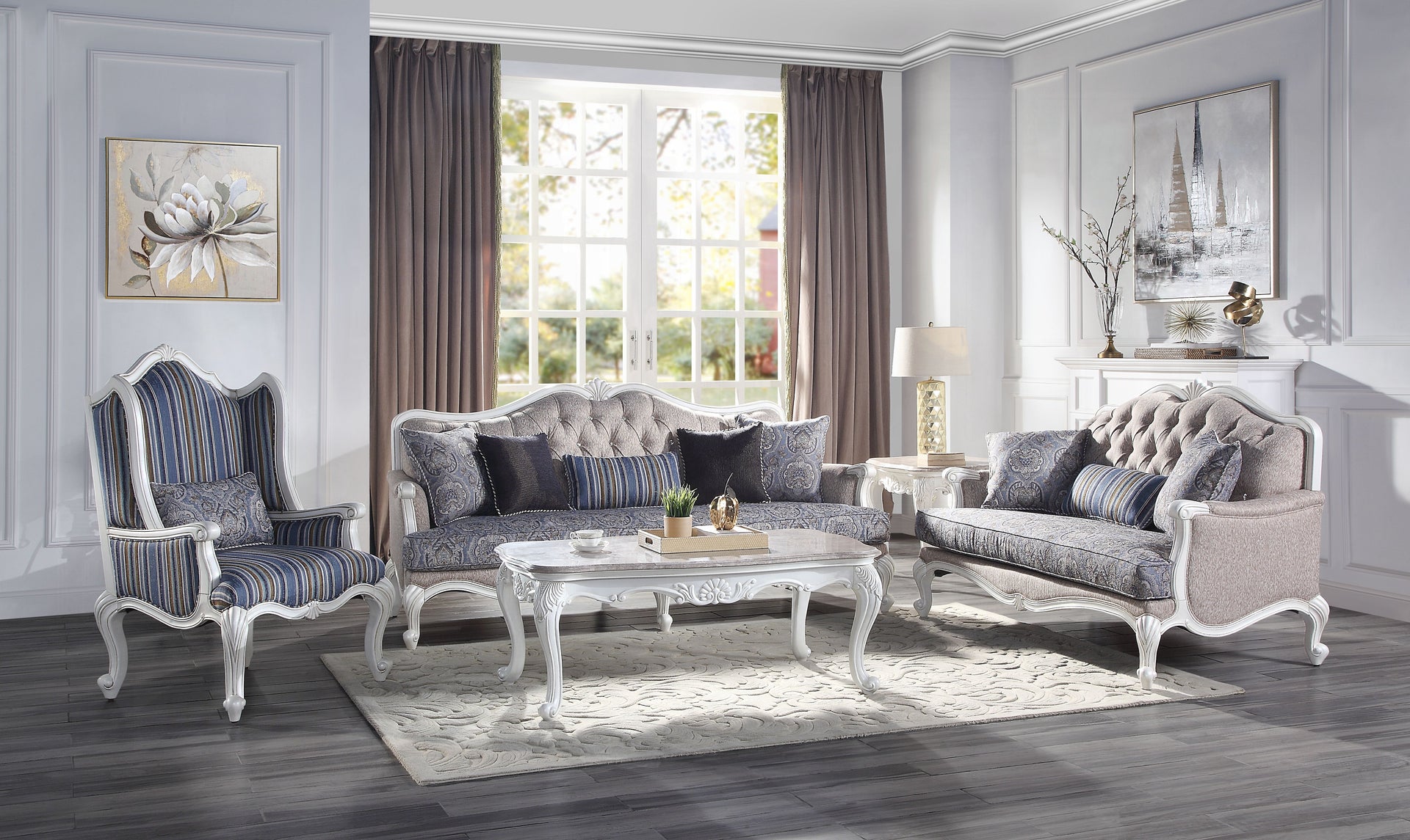 Ciddrenar Collection 3-Piece Living Room Set Include Sofa, Loveseat and Chair, Fabric & White Finish