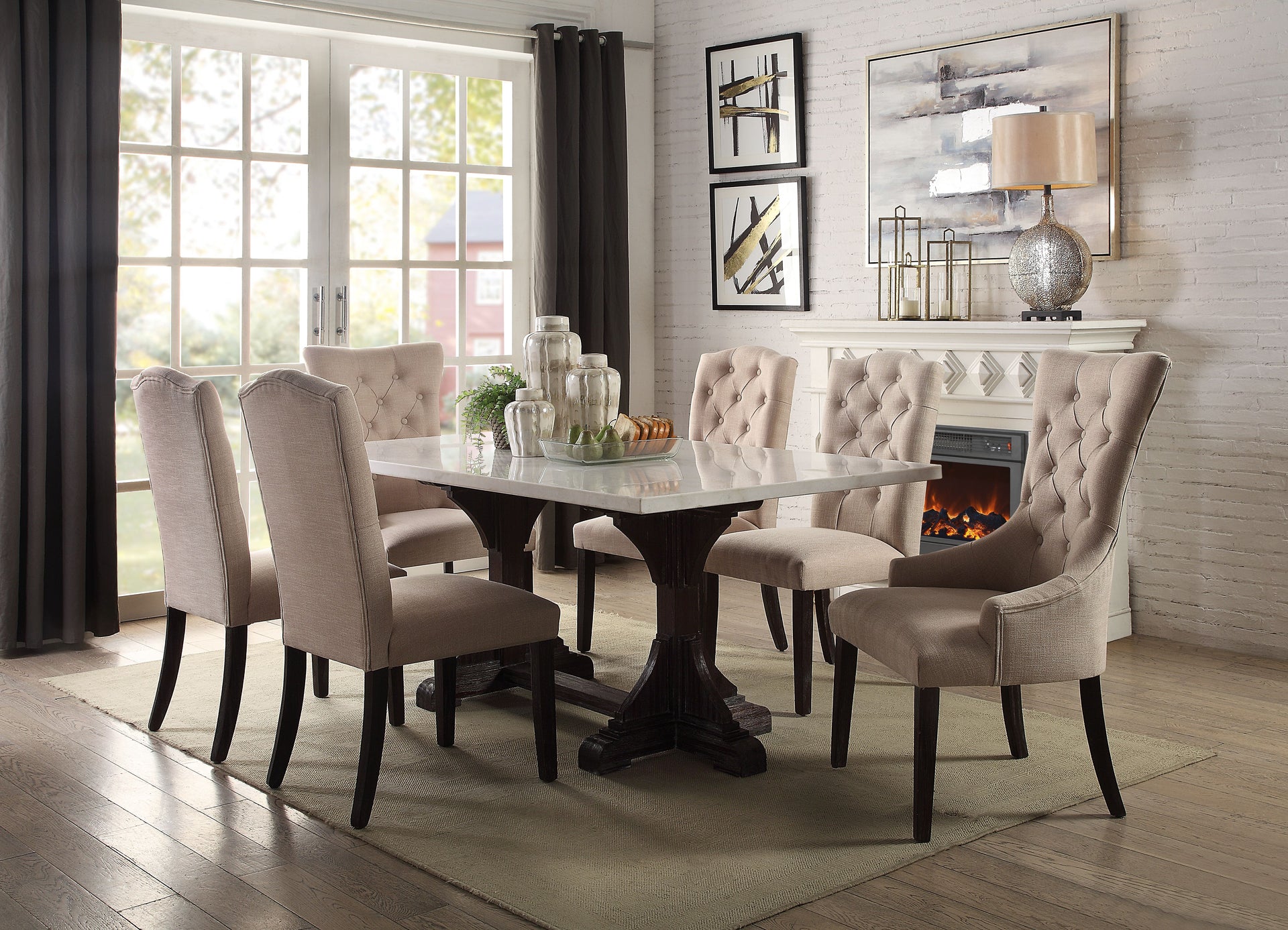 Gerardo 7-ps Casual Dining Table Set Include 1 Dining Table, 4 Side Chairs and 2 Arm Chair,6 -Person Marble Dining Set