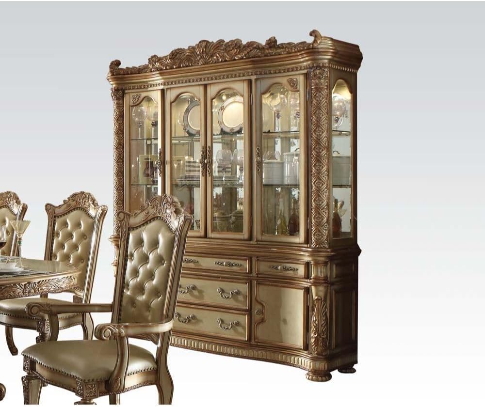 Vendome 10PS Formal Dining Room Set Include 1 Dining Table, 6 Side Chairs, 2 Arm Chairs and 1 Buffet & Hutch, 8-Person Solid Wood Extendable Dining Set