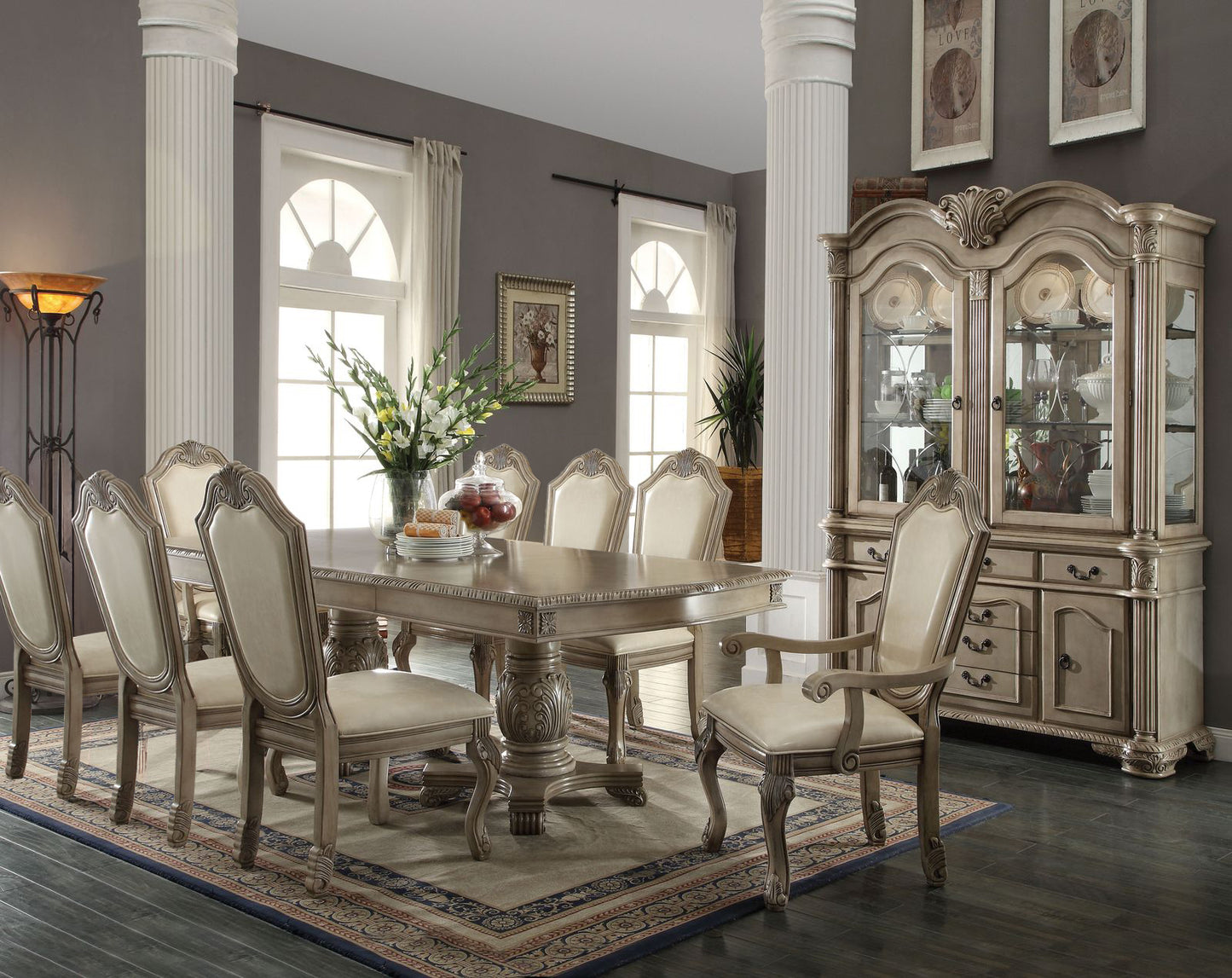 Luxury 9-Piece Dining Room Set – Extendable Table, 6 Side Chairs & 2 Arm Chairs | Elegant Classic Design for 8–10 People, Antique White