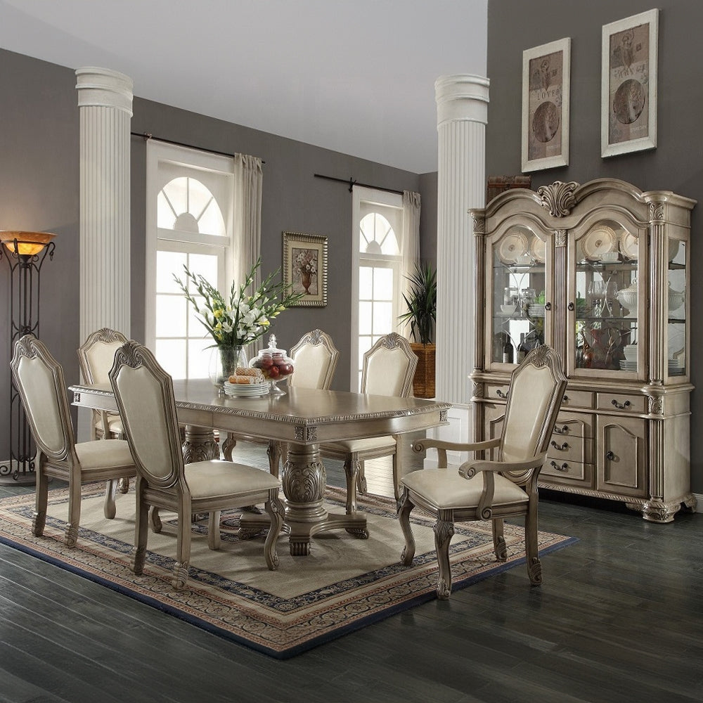 Luxury 7-Piece Dining Room Set – Extendable Table, 4 Side Chairs & 2 Arm Chairs | Elegant Classic Design for 6-8 People, Antique White