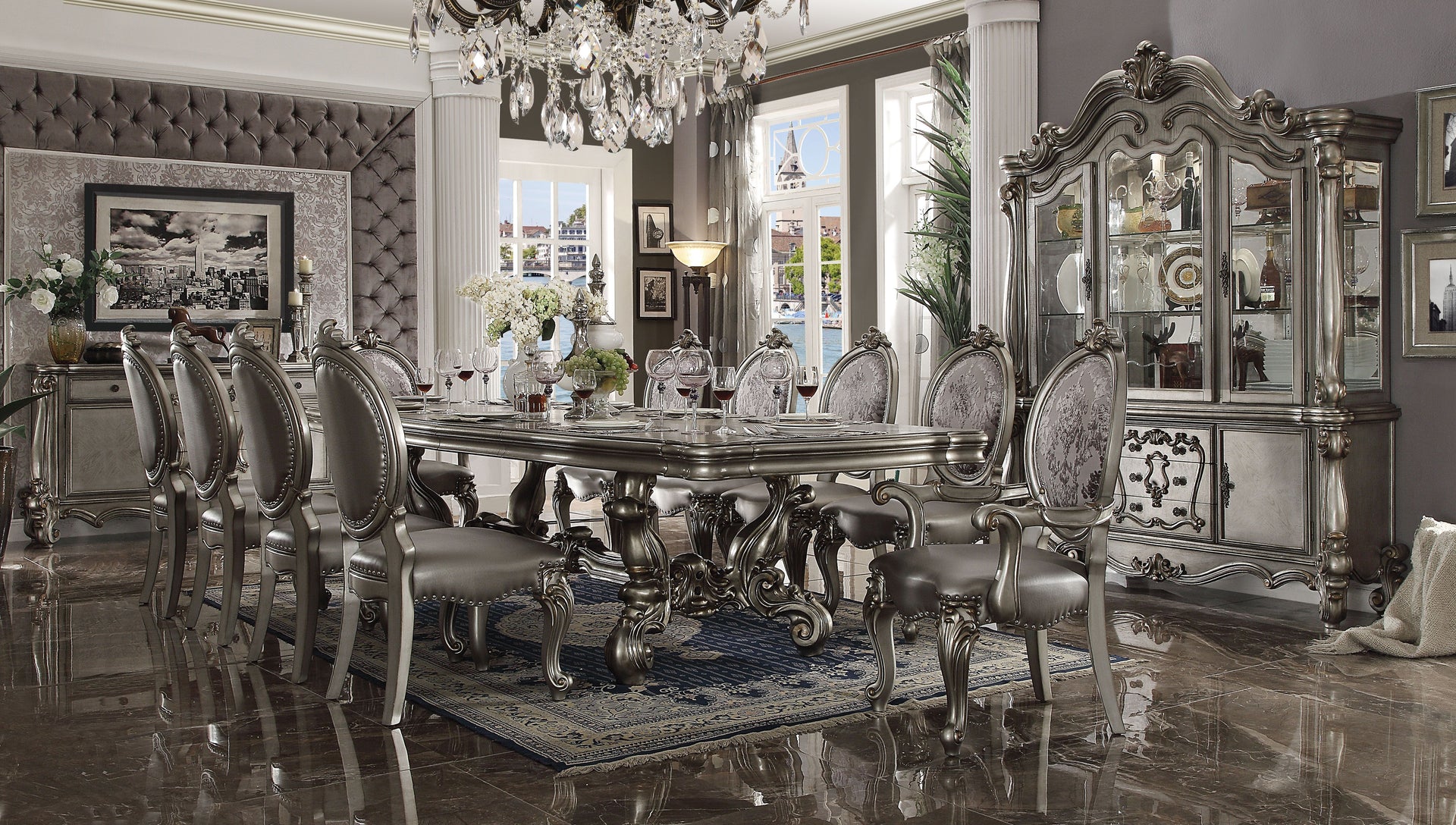 Antique Platinum 10-Person Solid Wood Extendable Dining Set - Formal Dining Table with 1 Extension, 10 Side Chairs, 2 Arm Chairs, Buffet & Hutch