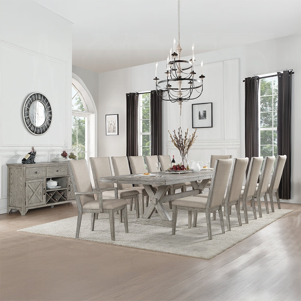 13-Piece Extendable Dining Table Set for 10–12 People – Rustic Gray Oak Table with 10 Chairs & 2 Arm Chairs