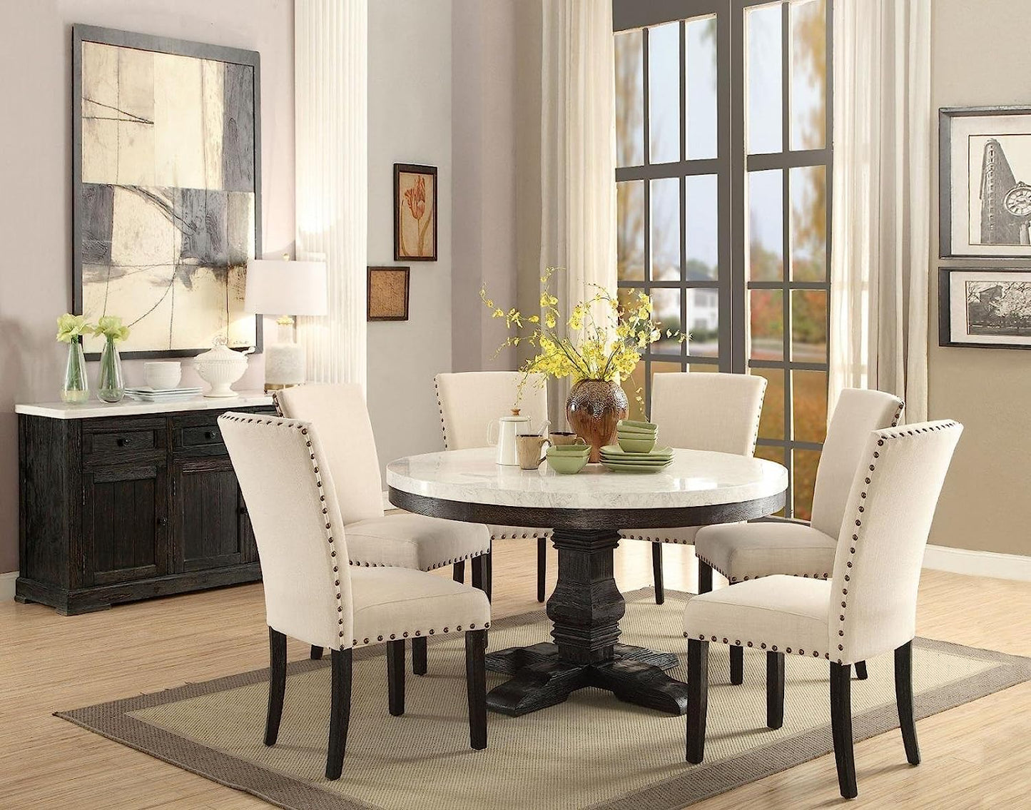 Nolan 7-ps Casual Dining Table Set Include 1 Dining Table, 6 Side Chairs, 7-Person Marble Dining Set (Round)