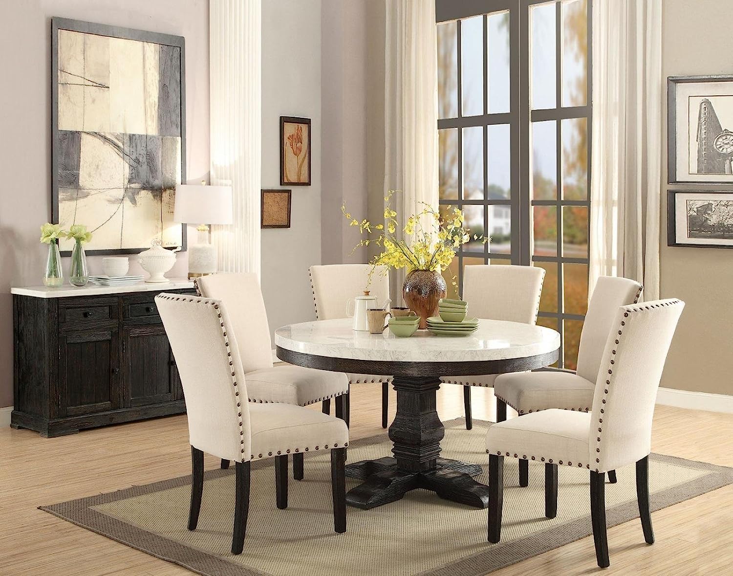 Nolan 7-ps Casual Dining Table Set Include 1 Dining Table, 6 Side Chairs, 7-Person Marble Dining Set (Round)