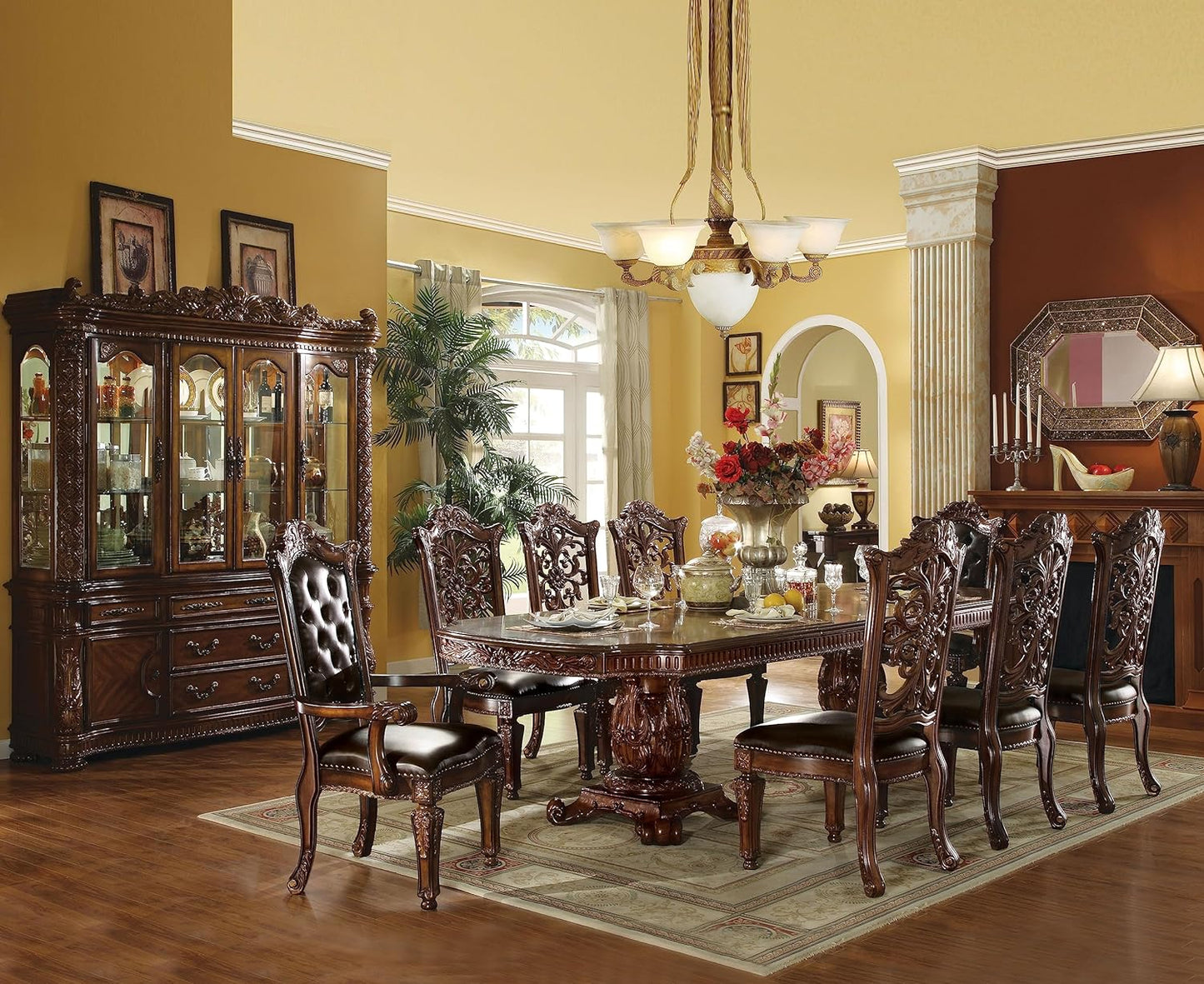 Vendome 9PS Formal Dining Room Set Include 1 Dining Table, 6 Side Chairs and 2 Arm Chairs, 8-Person Solid Wood Extendable Dining Set