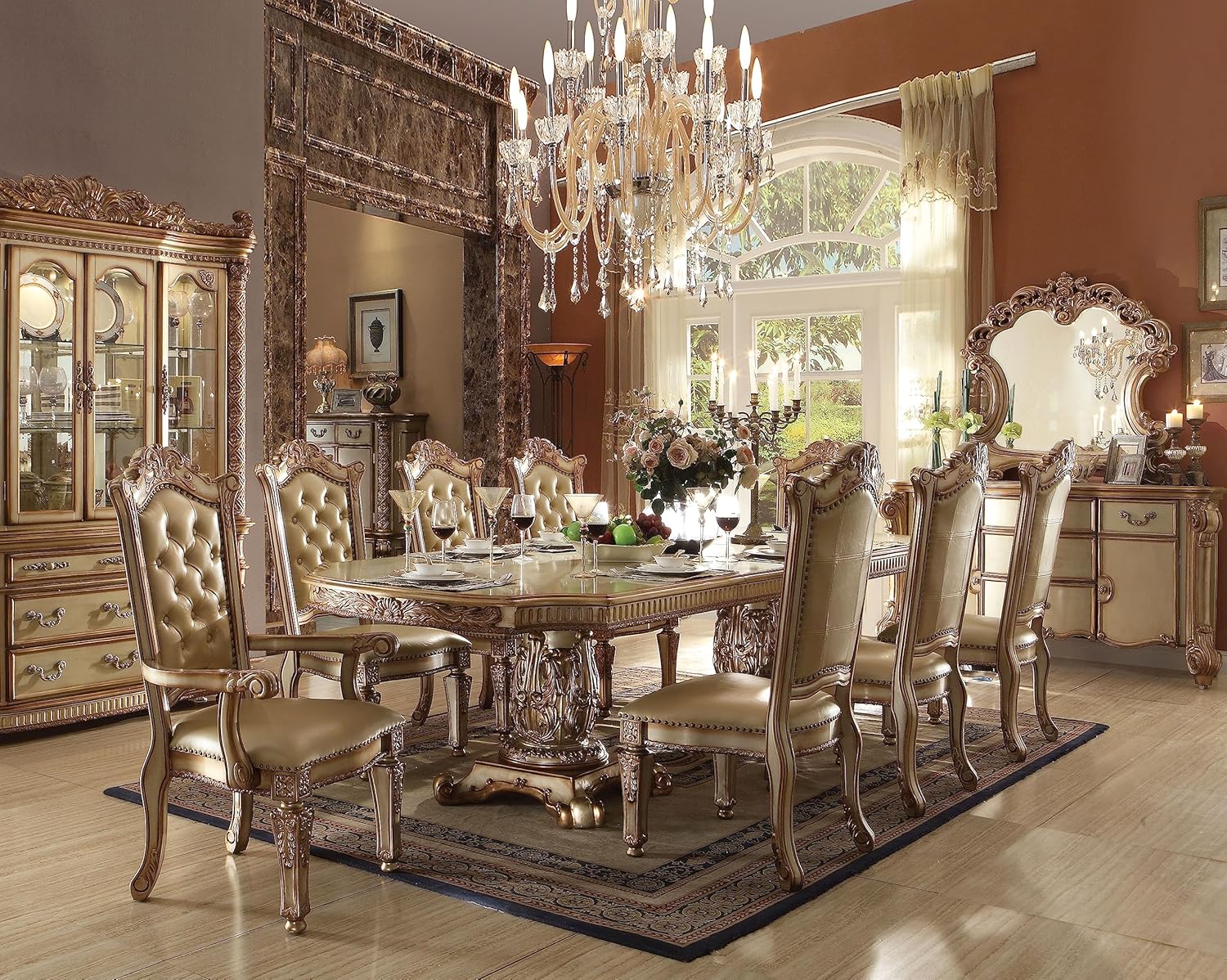 Vendome 9PS Formal Dining Room Set Include 1 Dining Table, 6 Side Chairs and 2 Arm Chairs, 8-Person Solid Wood Extendable Dining Set