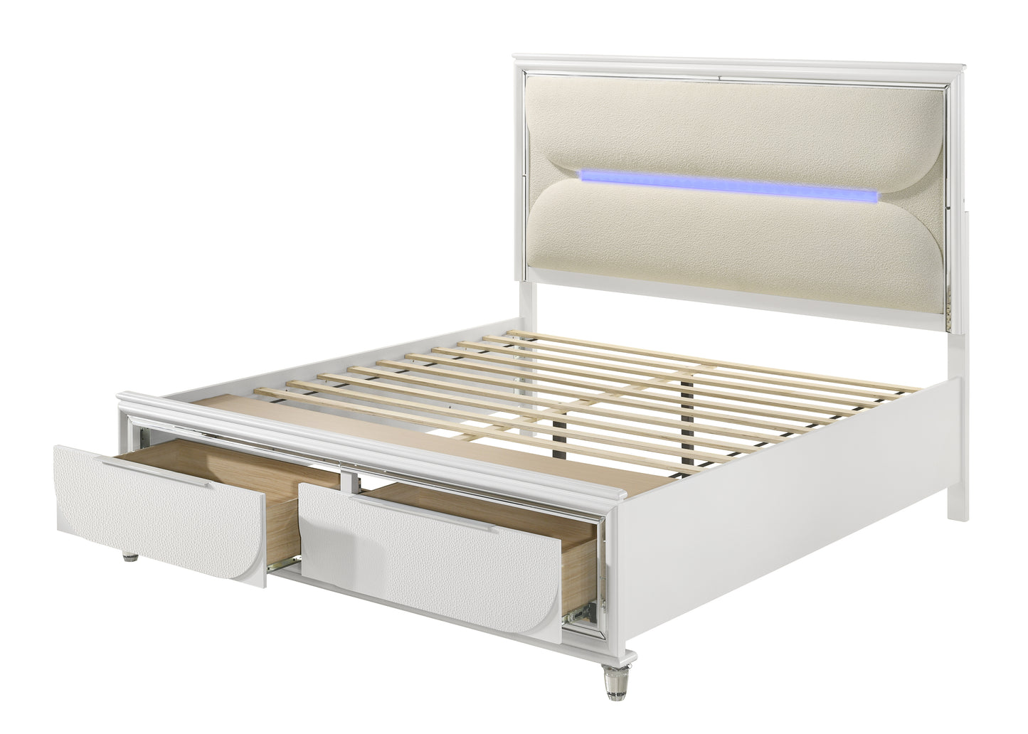 Tarian Bed W/LED & Storage in White Boucle & Pearl White